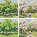 수채화로 그린 봄 풍경 그림 두 점 비교, 한 달 사이 나뭇잎과 색감 표현이 풍부해짐