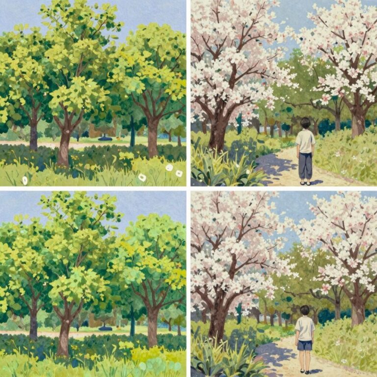 수채화로 그린 봄 풍경 그림 두 점 비교, 한 달 사이 나뭇잎과 색감 표현이 풍부해짐