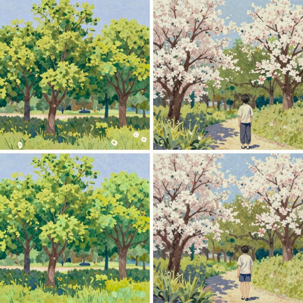 수채화로 그린 봄 풍경 그림 두 점 비교, 한 달 사이 나뭇잎과 색감 표현이 풍부해짐