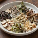 데쳐서 물기를 뺀 엄나무순과 다양한 봄나물이 접시에 담겨 있는 모습