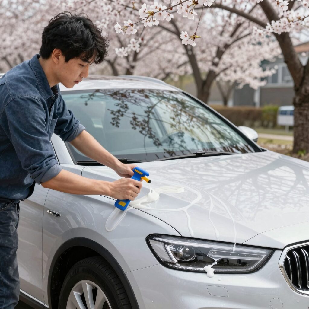 봄철 꽃가루 시즌에 차량 도장면을 보호하기 위해 왁스 코팅을 하는 장면