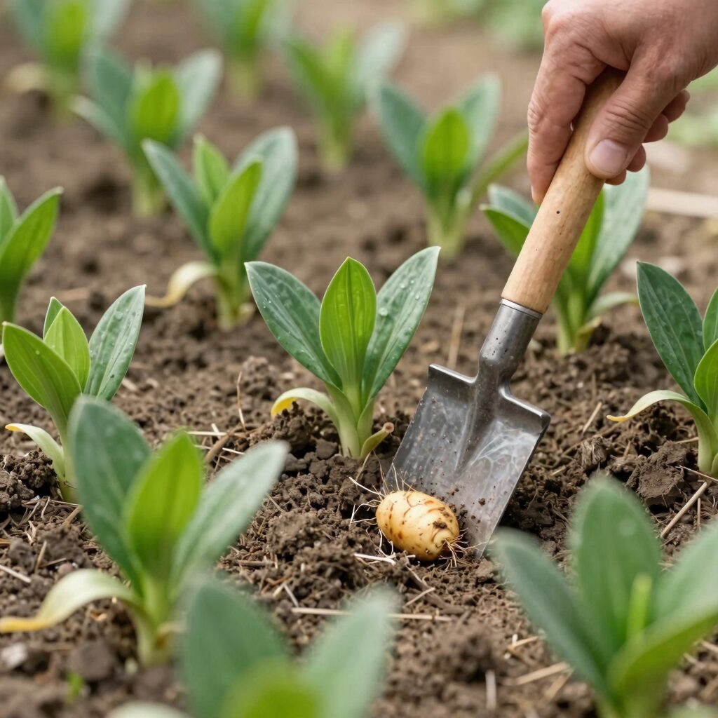 봄 텃밭에 초록색 싹이 돋아난 모습과 감자 모종을 심는 도구