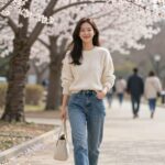 봄 공원에서 포근한 니트와 데님 팬츠를 입고 웃는 여성의 소풍 코디