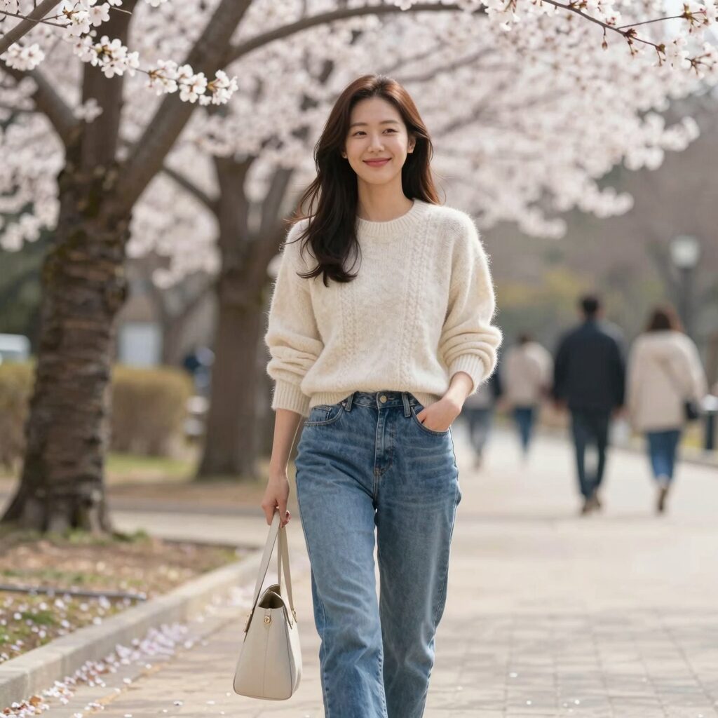 봄 공원에서 포근한 니트와 데님 팬츠를 입고 웃는 여성의 소풍 코디