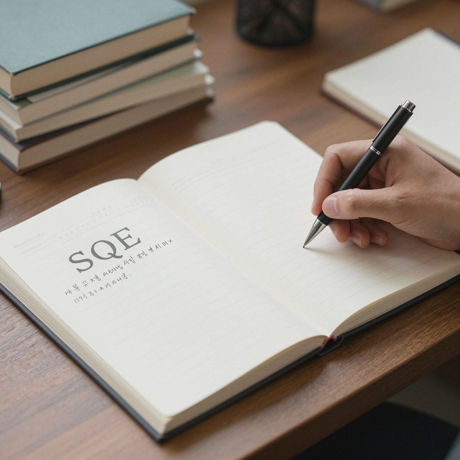 SQE 시험 준비를 위한 교재와 노트북이 놓여 있는 책상