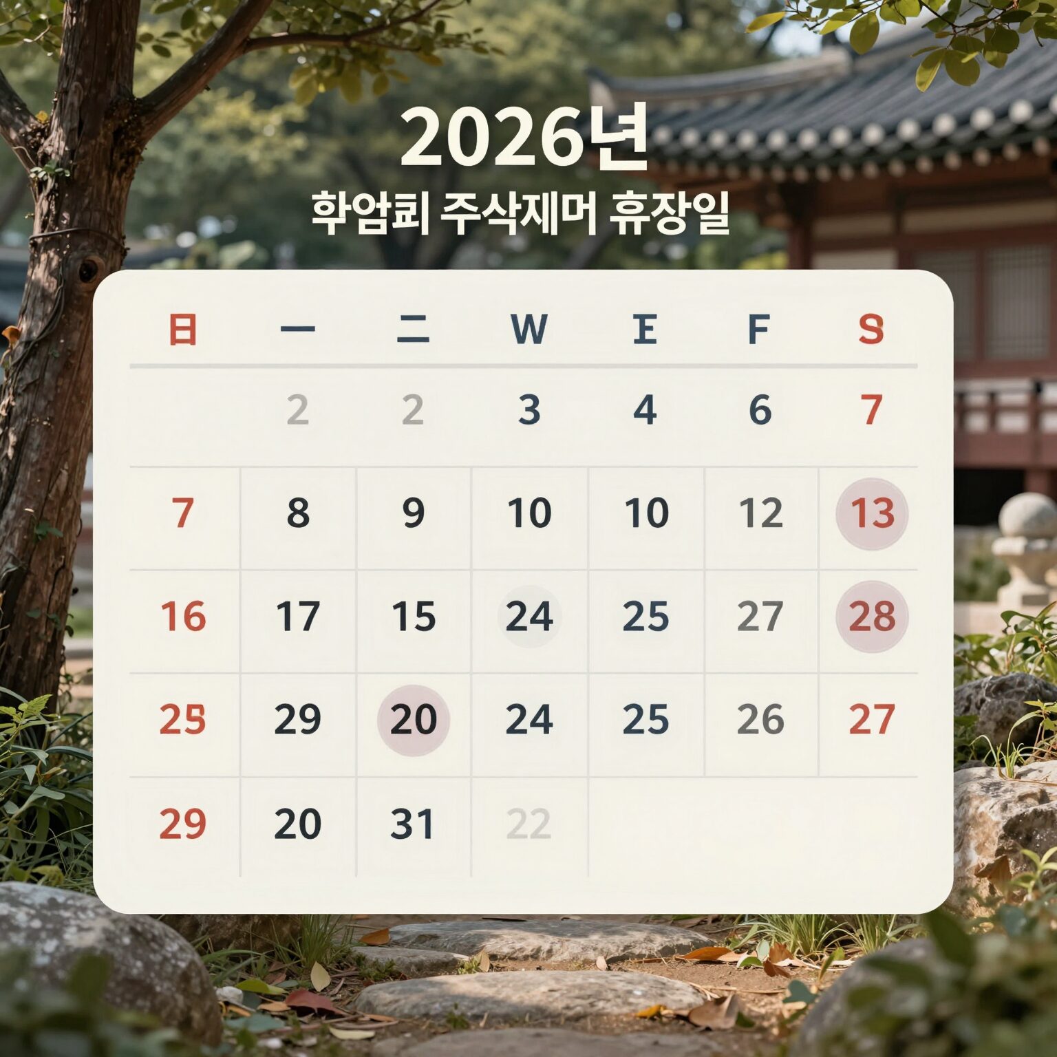 2026년 한국 주식시장 휴장일이 표시된 달력과 투자 계획표