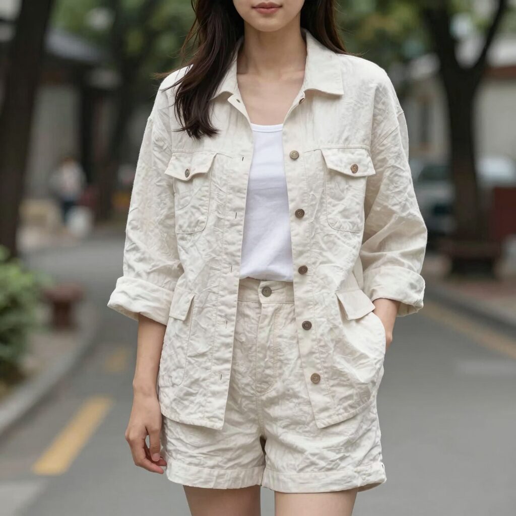 린넨자켓 반바지 세트를 착용한 여성의 모습. 자연스러운 핏과 시원한 느낌을 강조