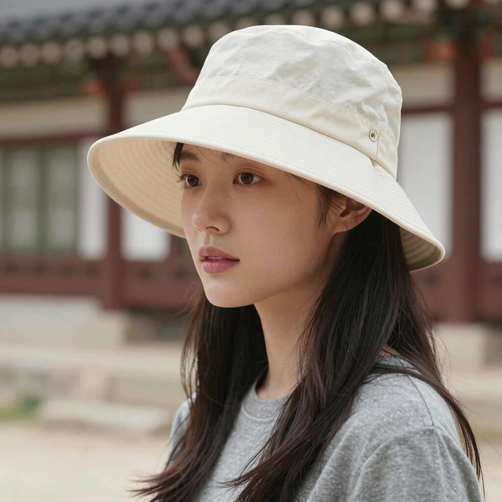 여성 모델이 챙이 긴 썬캡을 착용하고 야외에서 포즈를 취하고 있는 모습