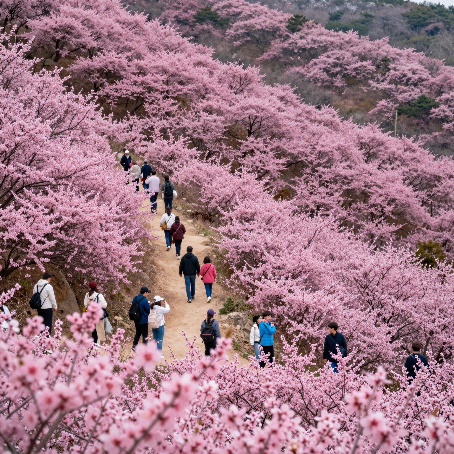 2026년 군포 수리산 철쭉축제 장면, 분홍색 철쭉꽃이 만개한 동산과 산책하는 사람들