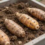 고구마 모종을 비스듬히 눕혀 흙에 묻어 심는 방법을 보여주는 사진