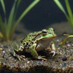 청개구리 올챙이가 있는 어항 환경, 수초와 얕은 육지 공간이 마련되어 있음