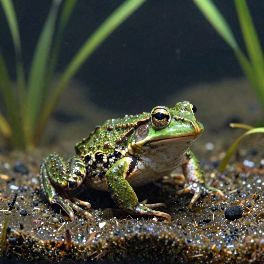 청개구리 올챙이가 있는 어항 환경, 수초와 얕은 육지 공간이 마련되어 있음