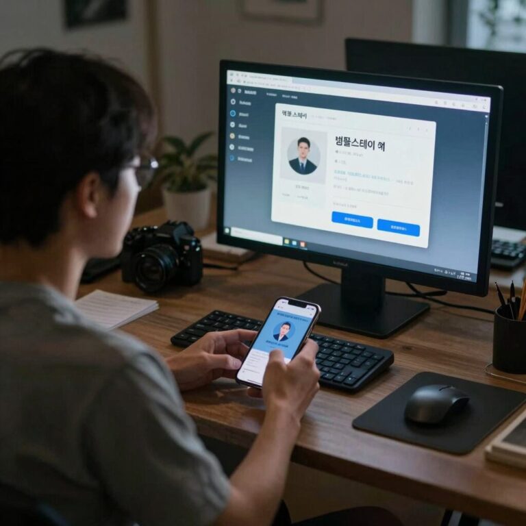 템플스테이 예약을 위해 컴퓨터와 스마트폰을 함께 준비하는 모습