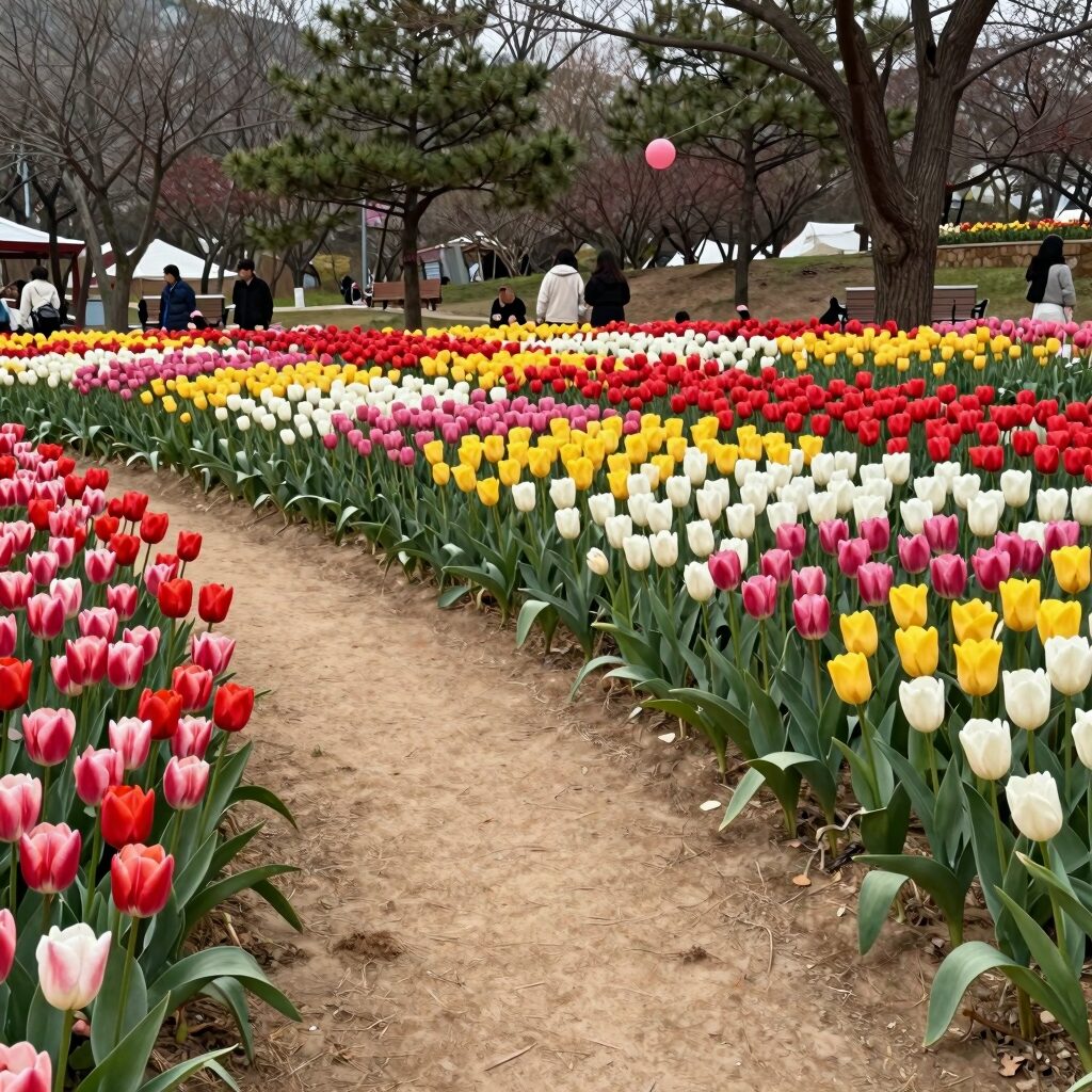 태안 튤립축제의 넓은 튤립밭과 산책로 풍경