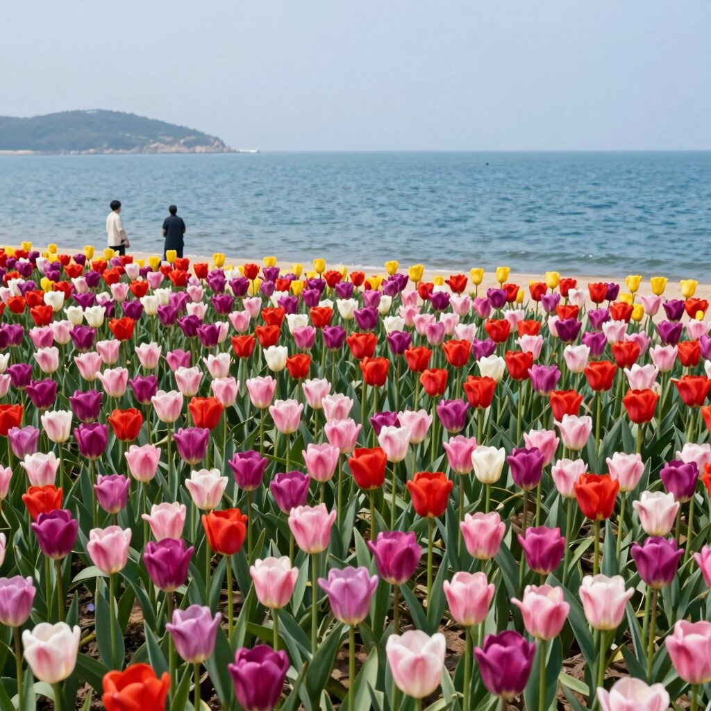 태안 튤립 축제 장면, 화려한 색상의 튤립 꽃밭과 배경의 푸른 바다가 조화를 이룬 풍경