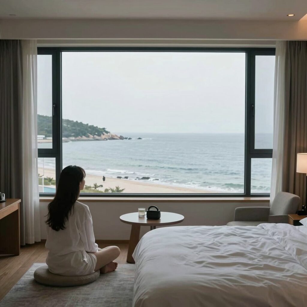 유미의세포들3 촬영지 아난티 앳 부산 코브 오션뷰 객실 내부와 통창으로 보이는 기장 바다 풍경