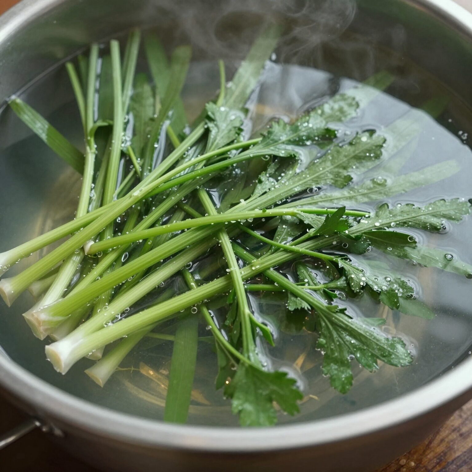 미나리를 데치기 위해 끓는 물에 넣는 과정