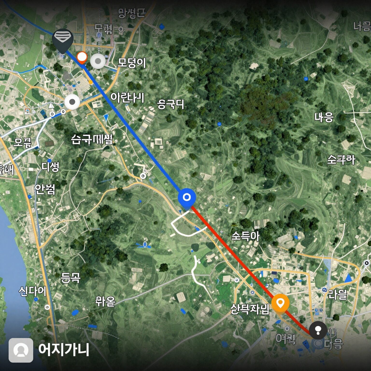 어디가니 늑구맵 화면 예시, 지도상에 이동경로와 수색범위가 표시됨