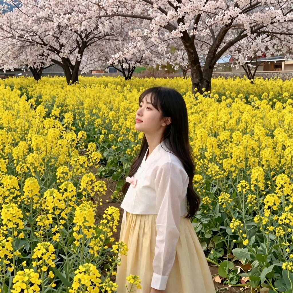 월출산을 배경으로 한 영암 유채꽃밭의 노란 풍경