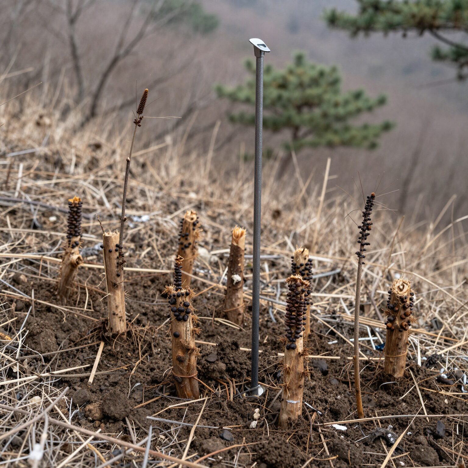 산비탈에 참죽나무 묘목을 심고 비료 포대로 땅을 덮고 있는 모습