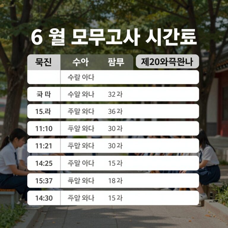 6월 모의고사 시간표를 표로 정리한 이미지, 국어 수학 영어 한국사 탐구 제2외국어 순서로 시간과 소요시간이 표시됨