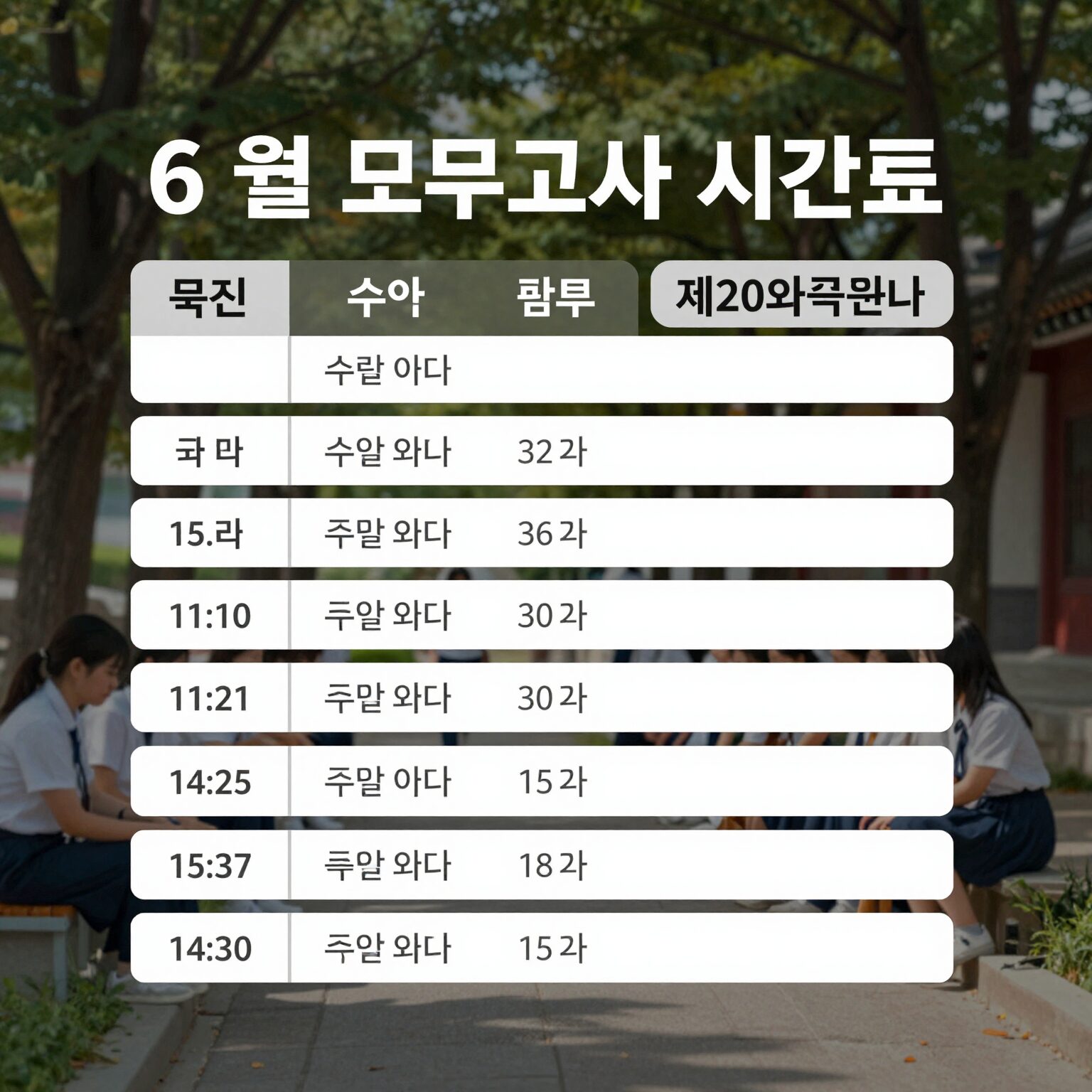 6월 모의고사 시간표를 표로 정리한 이미지, 국어 수학 영어 한국사 탐구 제2외국어 순서로 시간과 소요시간이 표시됨