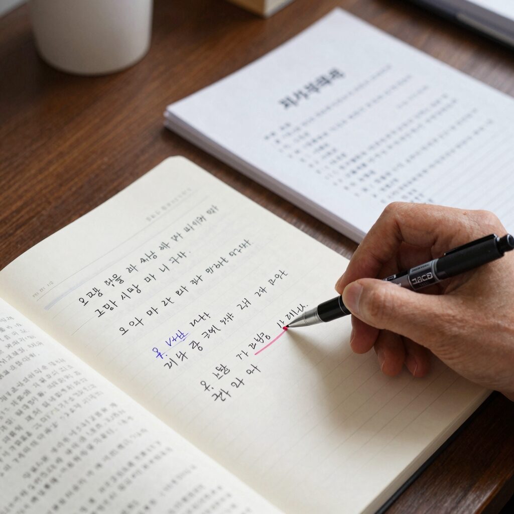 2026년 지방직 9급 시험 준비를 위해 책상 위에 펼쳐진 교재와 노트, 형광펜으로 표시된 오답노트 모습