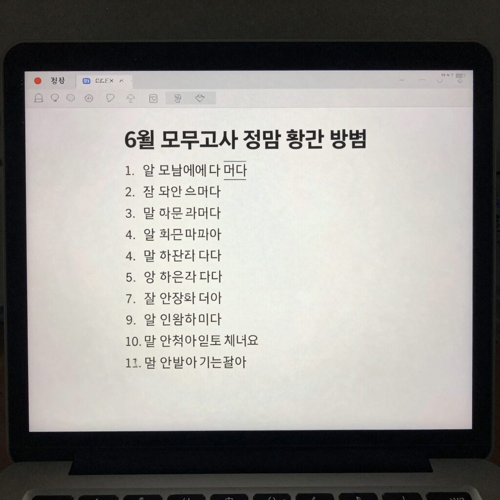 6월 모의고사 정답 확인 방법을 설명하는 이미지, 컴퓨터 화면에 정답표가 표시되어 있음