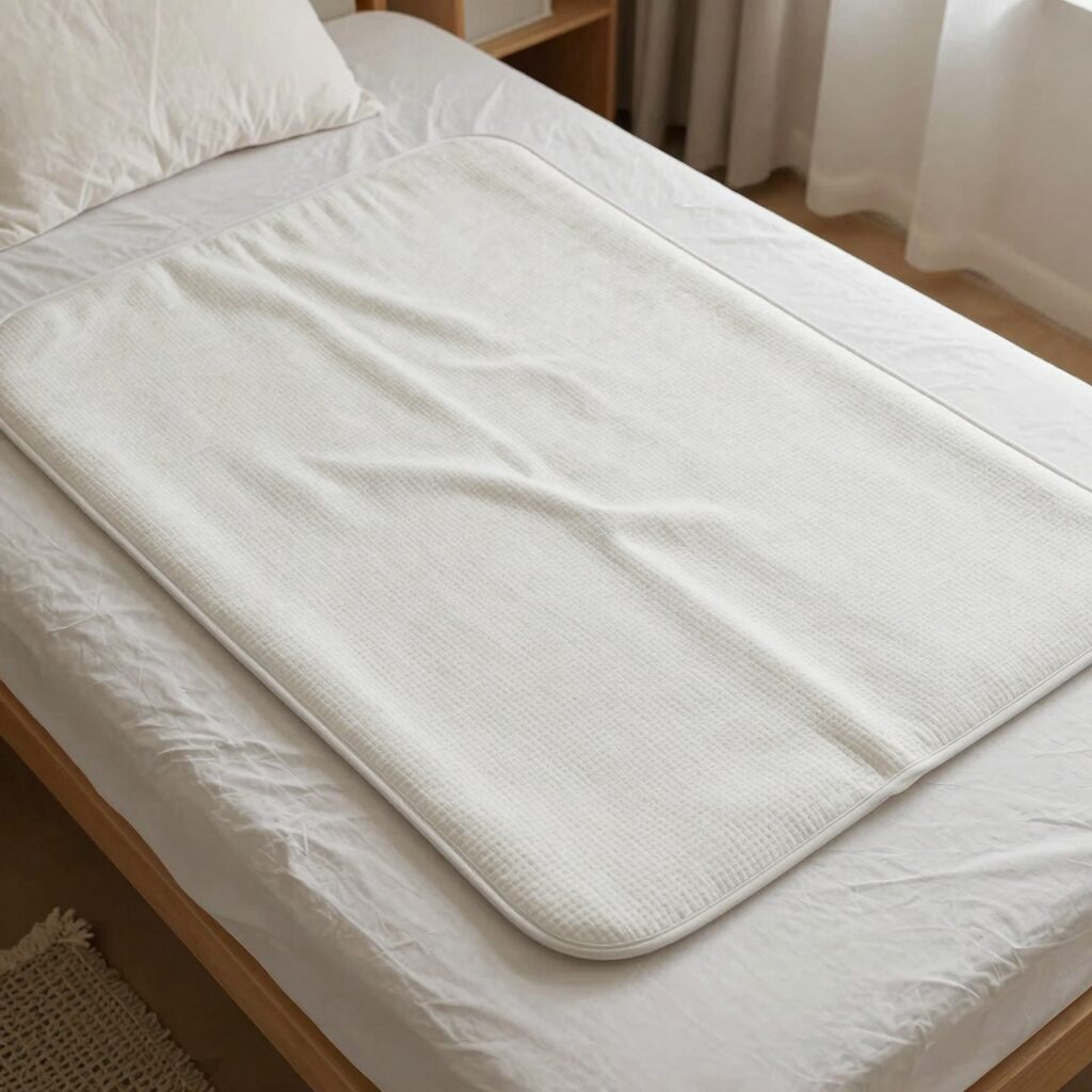 아기 쿨매트 세 가지 제품을 침대 위에 나란히 놓은 비교 사진