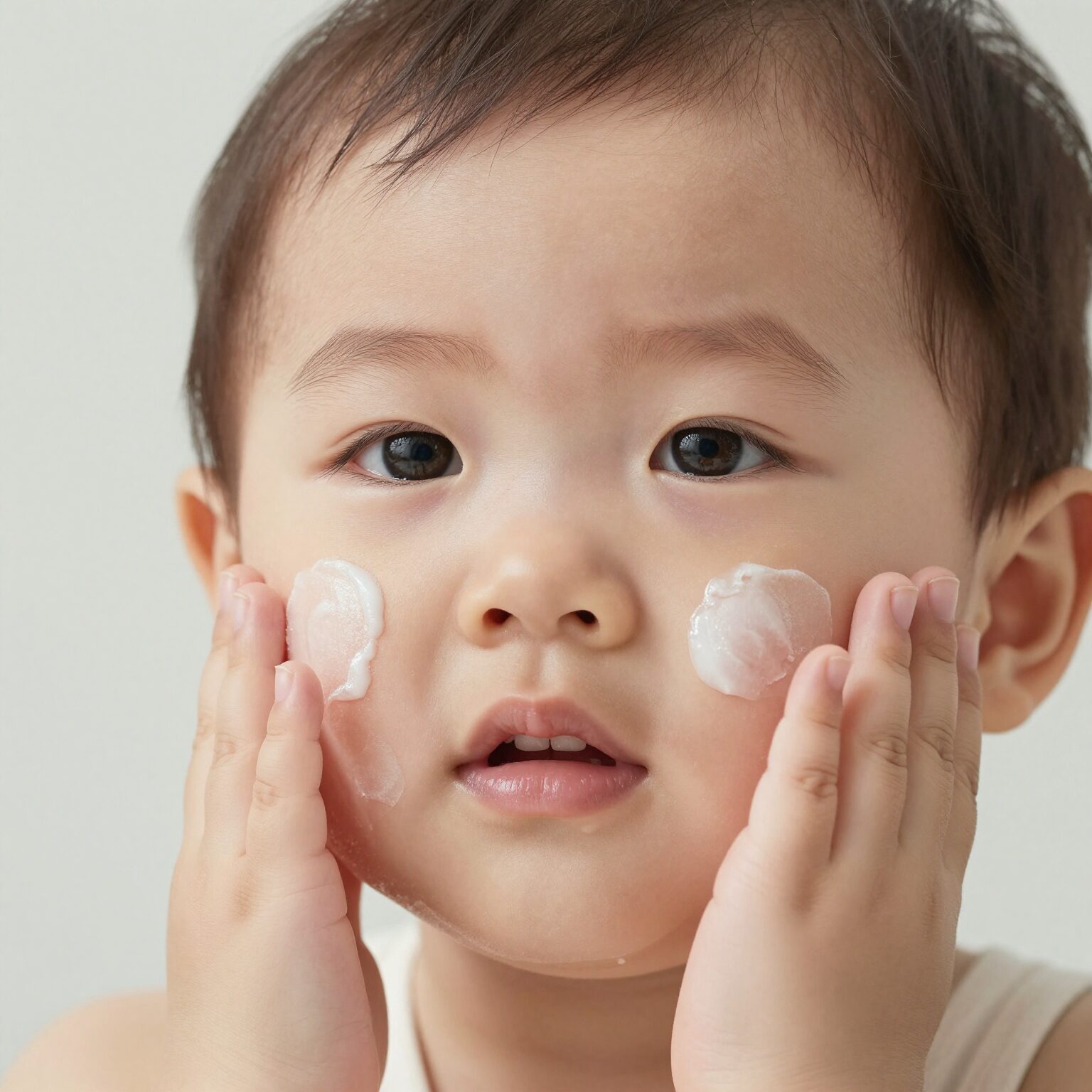 아이 얼굴에 유아썬팩트를 톡톡 두드려 바르는 모습