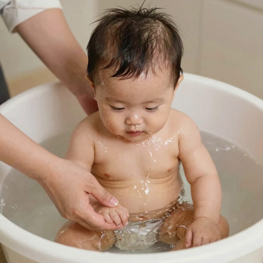 아기 땀띠 관리 세정 단계에서 목욕 후 물기 제거하는 모습
