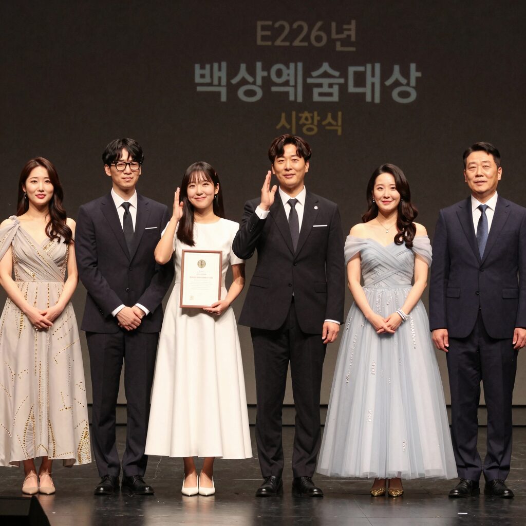 2026년 백상예술대상 시상식 무대 위 수상자들의 환호하는 모습