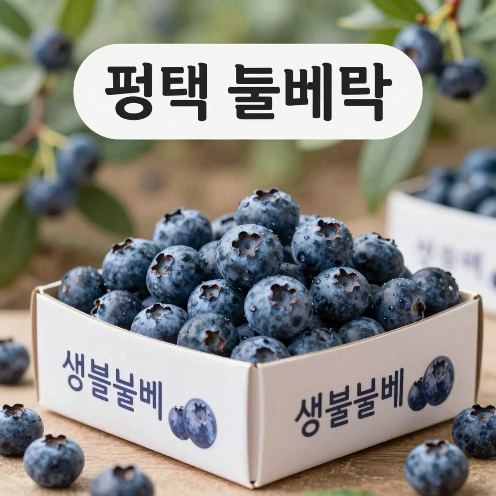 평택 뜰안에 블루베리 농장에서 갓 수확한 생블루베리 1kg 박스와 알알이 빛나는 보라색 열매
