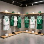 NBA 티셔츠 인기 디자인과 구매처 NBA 성수 플래그십스토어 보스턴 셀틱스 의류 진열 구역. 유니폼과 티셔츠, 모자가 팀 컬러로 통일되어 전시되어 있다.