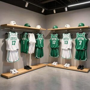 NBA 성수 플래그십스토어 보스턴 셀틱스 의류 진열 구역. 유니폼과 티셔츠, 모자가 팀 컬러로 통일되어 전시되어 있다.