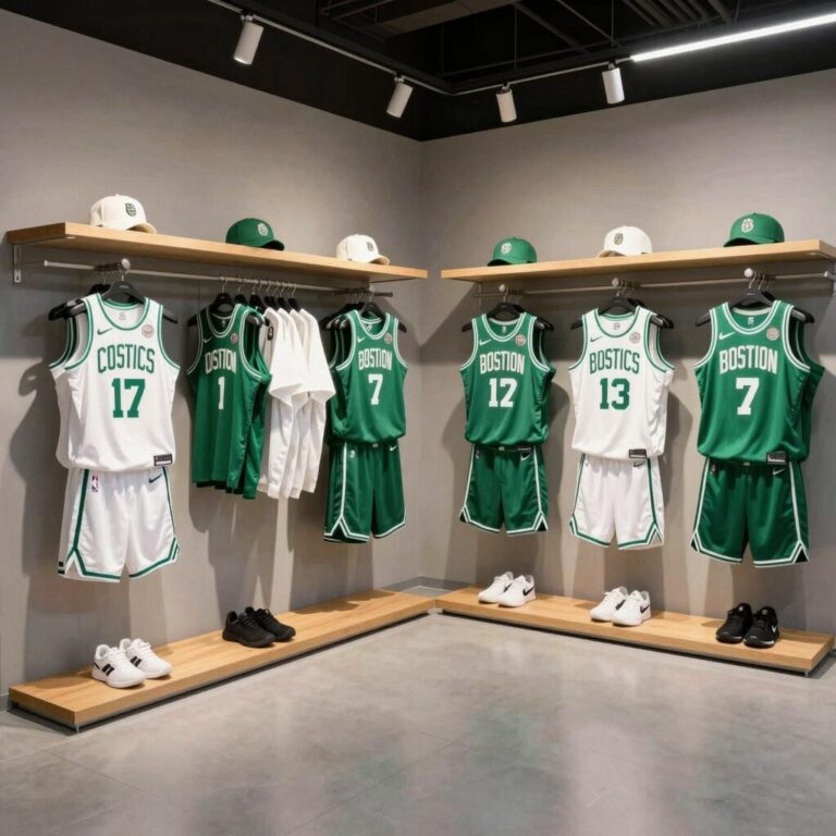 NBA 성수 플래그십스토어 보스턴 셀틱스 의류 진열 구역. 유니폼과 티셔츠, 모자가 팀 컬러로 통일되어 전시되어 있다.