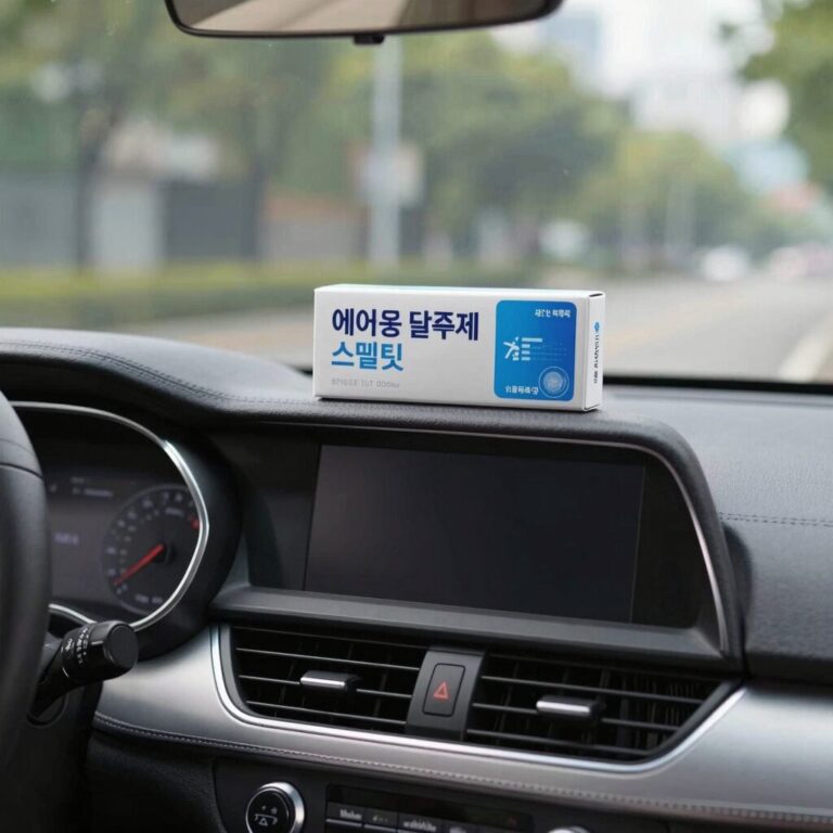 차량용 에어컨 탈취제 스멜릿 고체 제품을 차량 대시보드 위에 올려둔 모습, 쾌적한 실내 공기를 유지하는 방법