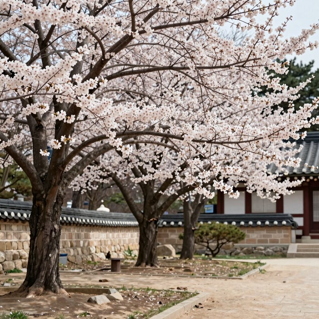 앵두나무 꽃이 흐드러지게 핀 정원 전경