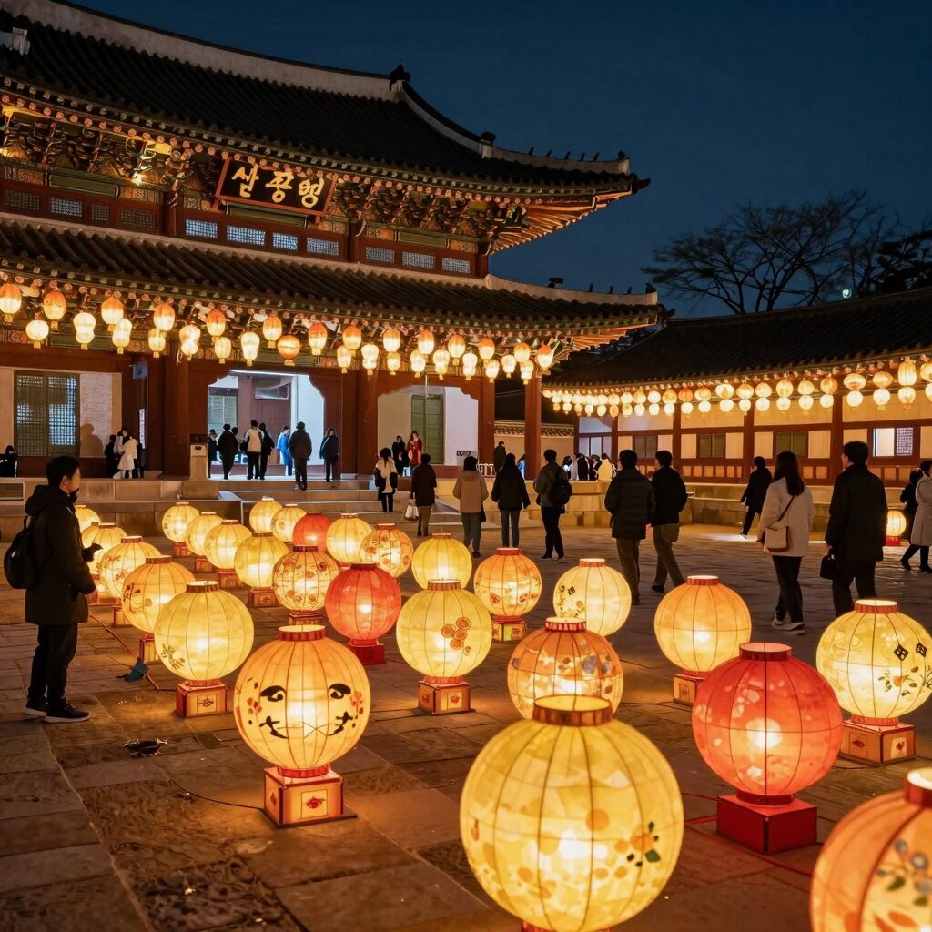 초파일 연등 축제에서 화려하게 빛나는 수많은 연등이 매달린 삼광사 전경