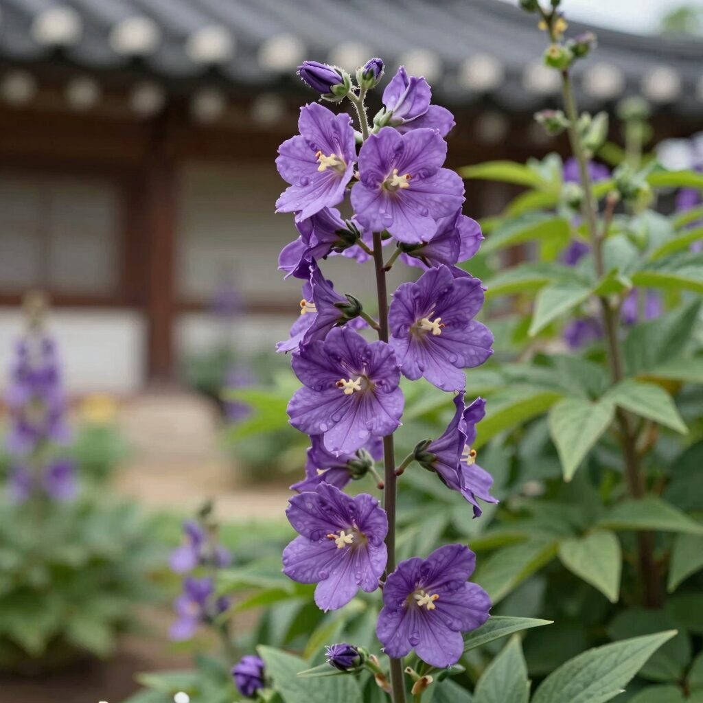 큰꽃으아리 보라색 꽃이 활짝 핀 모습, 덩굴을 따라 올라가며 피어있는 정원 풍경