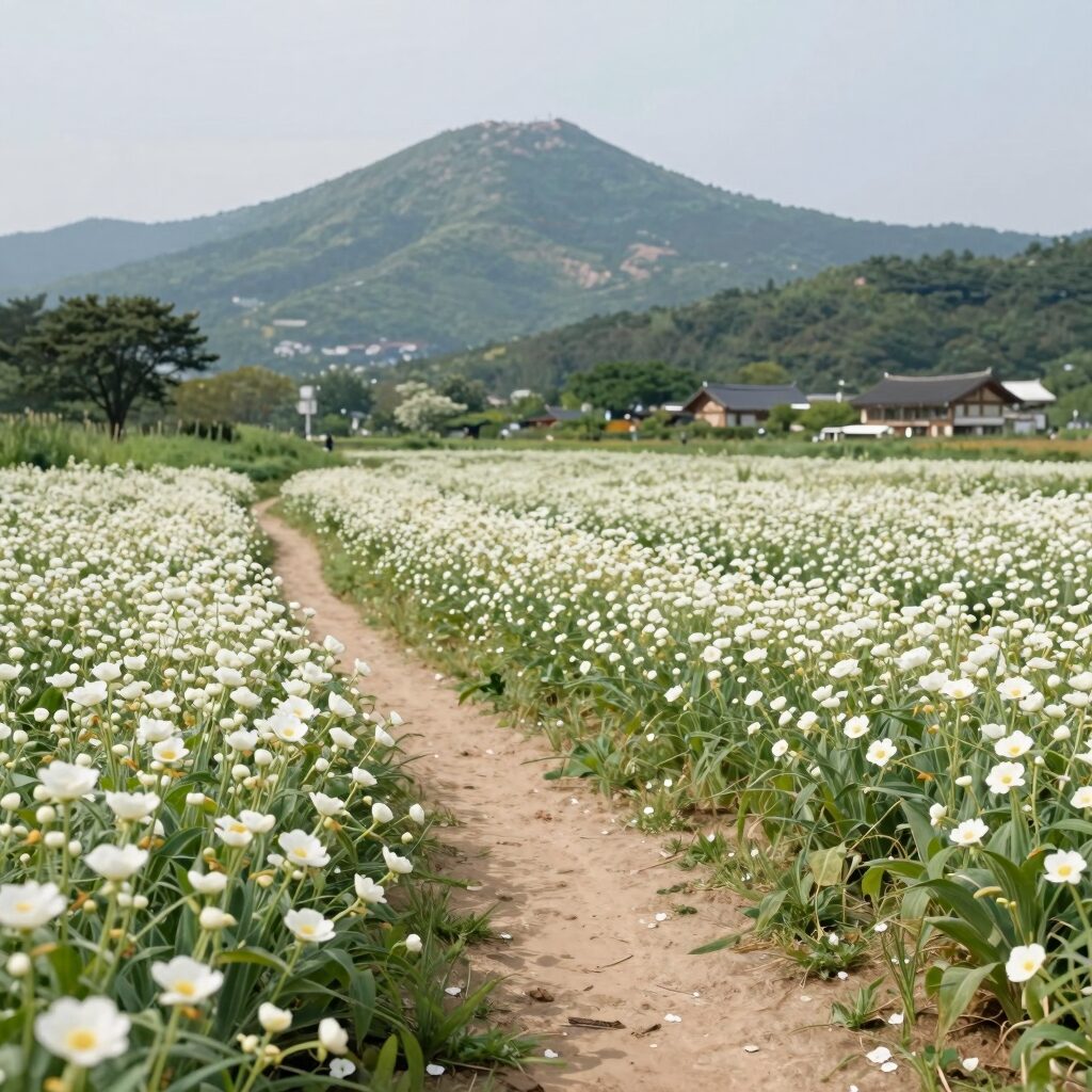DMZ 펀치볼 둘레길 감자꽃 숲길에서 바라본 감자밭과 금강산 풍경