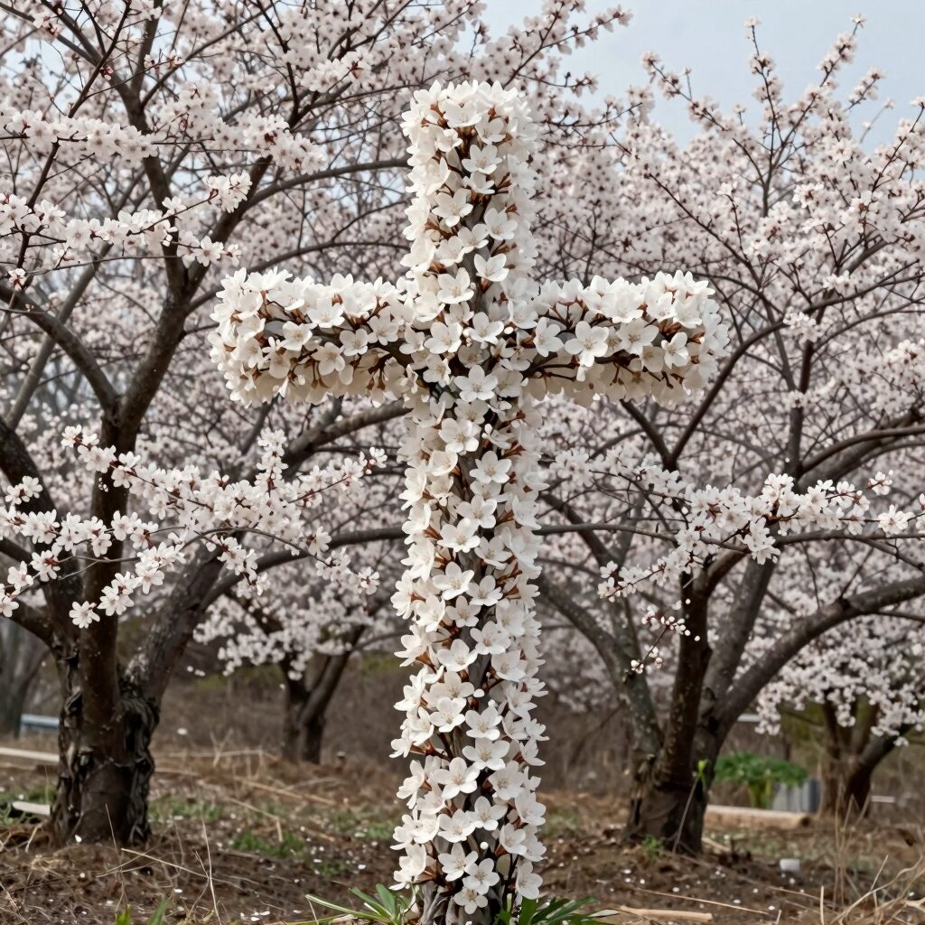 십자가 모양을 닮은 산딸나무 흰 꽃이 활짝 피어 있는 모습