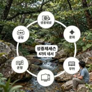 생태계서비스 4가지 유형을 설명하는 그림. 공급, 조절, 문화, 지지 서비스가 원형으로 연결되어 있고 각각의 예시가 아이콘으로 표시됨