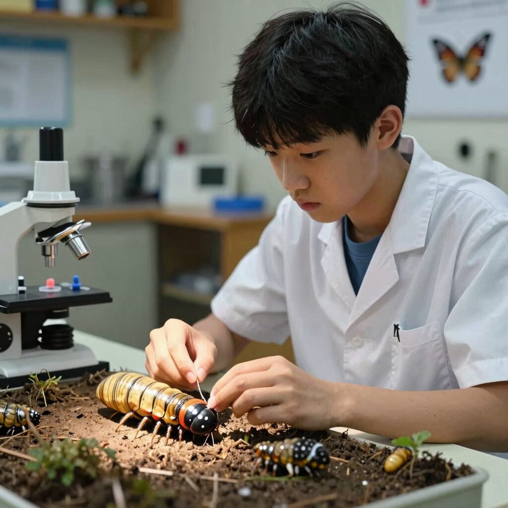애벌레에서 나비로 변태하는 과정에서 기억이 유지되는지 실험하는 일본 소년의 연구 장면