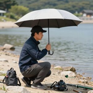 각도조절이 가능한 낚시파라솔을 낚시터에서 사용하는 모습, 햇빛을 효과적으로 차단하고 있다