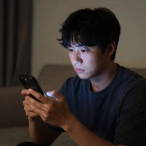 포모스 불안을 느끼는 사람이 스마트폰을 응시하는 모습