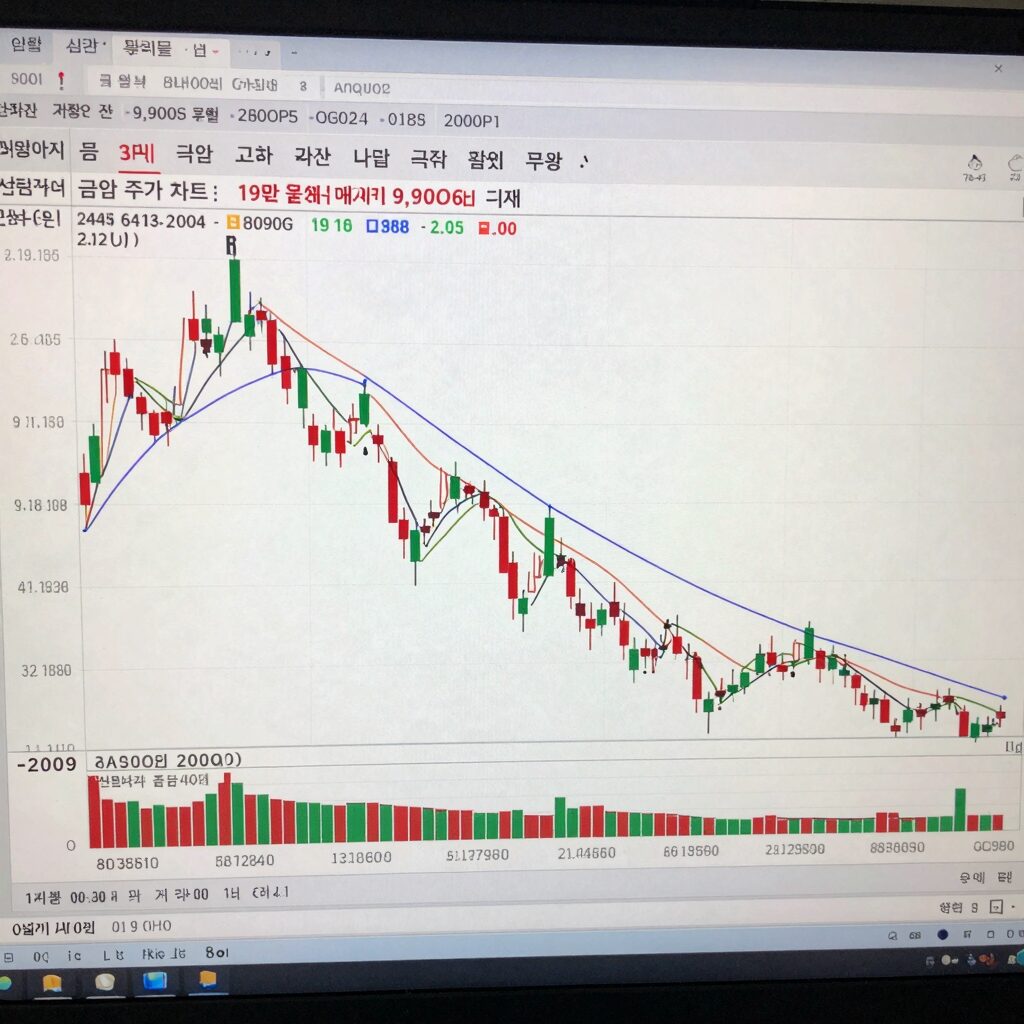 금양 주가 차트, 19만 원에서 9,900원까지 급락한 모습, 상장폐지 결정 전 거래정지 기간 포함