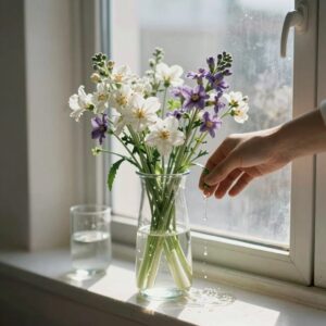 안개꽃 화분을 햇빛 잘 드는 창가에 두고 물 주는 모습
