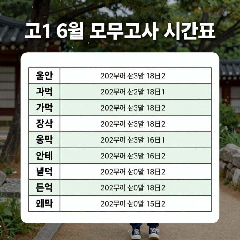 고1 6월 모의고사 시간표와 과목별 출제범위를 표로 정리한 이미지
