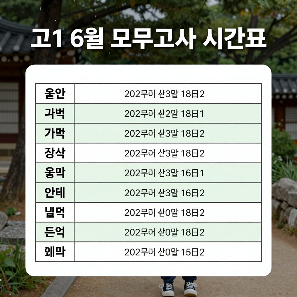 고1 6월 모의고사 시간표와 과목별 출제범위를 표로 정리한 이미지
